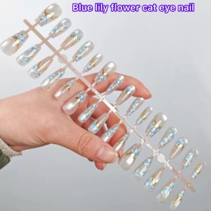 Blue lily flower cat eye nail
